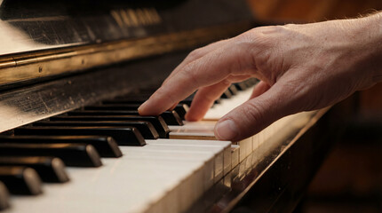 Hand playing old piano keys.