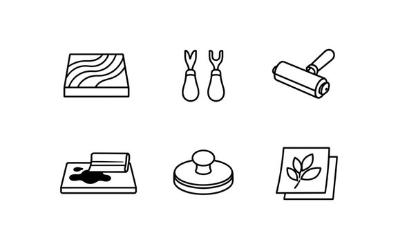 Set of simple line art icons representing printmaking and crafting tools