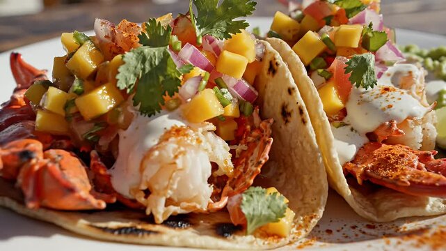Gourmet lobster tacos featuring succulent meat, vibrant mango salsa, and a creamy drizzle on soft tortillas.