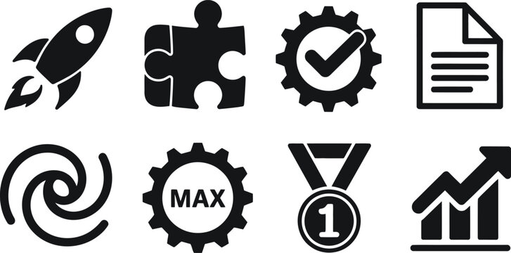 A set of black and white business icons on a clean background