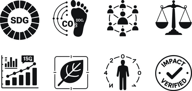 A collection of black and white icons representing sustainable development goals