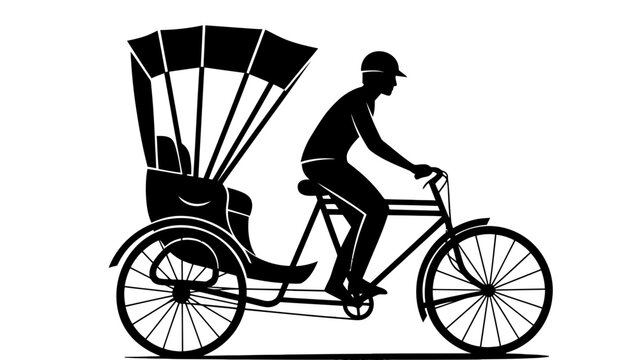 A black silhouette of a man riding a tricycle with a passenger seat