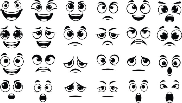 Black and white cartoon emoji faces set showing diverse facial expressions and emotions in clean vector style