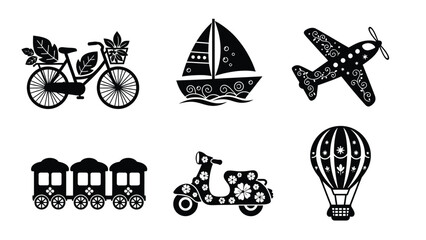 Fototapeta premium A collection of black and white transportation icons with decorative designs