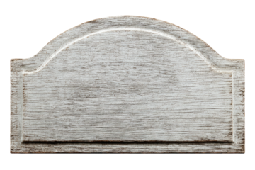 Aged, weathered wooden sign with an arched top and a rectangular bottom