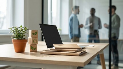 Sustainable Business Strategy Meeting in Modern Office with Eco Icons