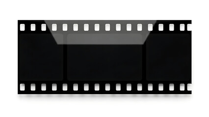 Blank black film strip with three frames and perforations on a white background.