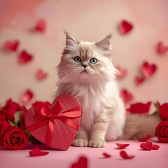 Cute Fluffy Cat with Roses for Valentine&rsquo;s Day on Soft Romantic Background