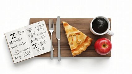 A delicious pie with pi symbol on top with an apple and cup of coffee on wooden plate with notebook and cutlery on white background with mathematics