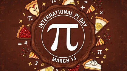 International pi day march 14 celebration with mathematical symbols and various pie slices on brown background with mathematics and graphic and illustration