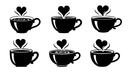 Obraz premium Set of six stylized black vector images illustrating hot coffee or tea cups releasing steam shaped like romantic hearts suitable for love themed beverages