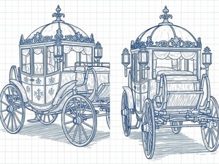 Vintage horse drawn carriage sketch in blue lines on grid paper