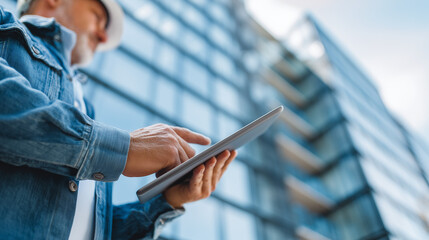 close-up of a professional architect or engineer using a digital tablet at a modern construction site, concept of smart building design, urban development, and innovative architectural planning.