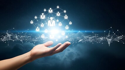 Hand holding a glowing orb of connected people against a cosmic background.