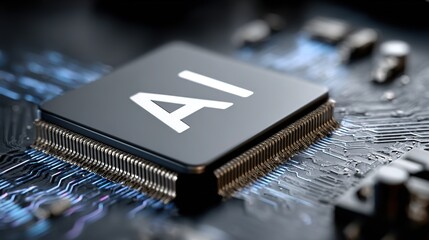 Tech cover close-up: AI chip logo + blue-purple data-wave流光, dark-gray bg razor contrast, ideal for AI summit hero, tech mag cover, forum keynote header