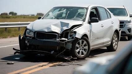 A damaged white car sits on the road after a traffic accident, showing the consequences of careless driving.