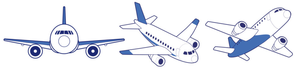 正面・斜め・上空視点の旅客機イラストセット　シンプルな線画スタイルの飛行機アイコン　航空・旅行・空港デザイン素材 © 884