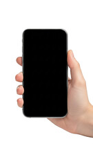 Hand holding smartphone isolated on transparent background