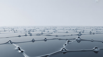 Fototapeta premium Intricate network of water droplets displaying surface tension on a reflective blue surface