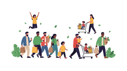 Fototapeta premium Happy shopping family with groceries and green leaves