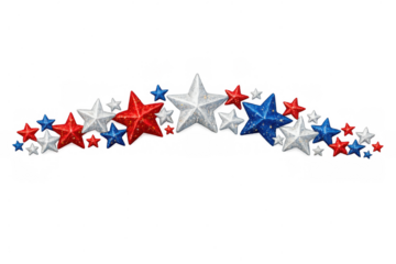 Patriotic stars border with red, white, and blue glittery decoration on transparent background for 4th of july celebration