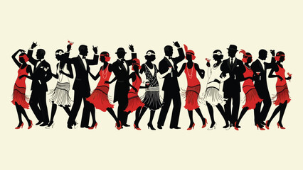 Vintage dance party silhouettes in red and black