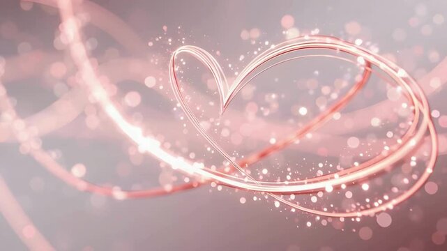 Abstract glowing pink heart-shaped ribbon with sparkling lights on a soft blurred background, romantic and celebratory theme