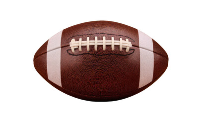 American football centered, laces visible, brown leather texture, white stripes