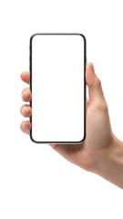 Hand holding smartphone isolated on transparent background