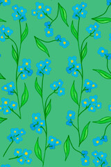 Blue flowers on a green background. Floral seamless pattern.