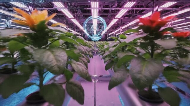 Futuristic Hydroponic Greenhouse with Blooming Flowers and LED Lighting