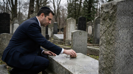 Fototapeta premium Man placing a stone on a tombstone in a Jewish graveyard. Grief and remembrance concept for funeral and memorial rite.