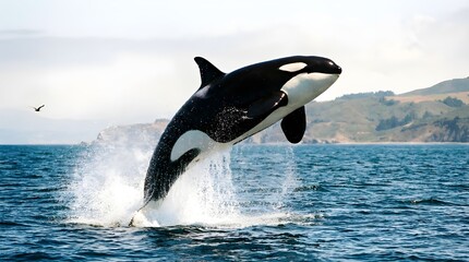 Obraz premium Breaching Orca in Ocean – Killer Whale Mid-Air with Splash and Coastal Background