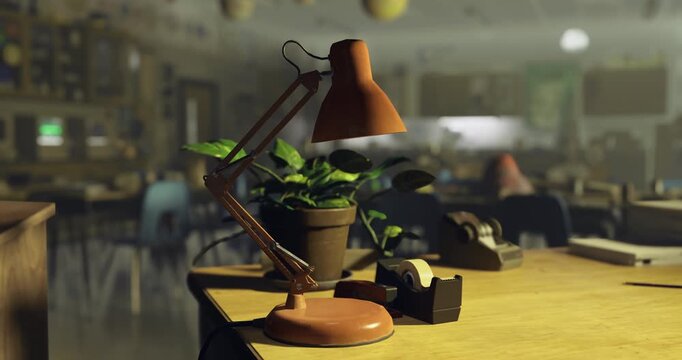 A warm desk setup features a red lamp and a potted plant amidst stationery items. The classroom background suggests a lively learning atmosphere during the day.