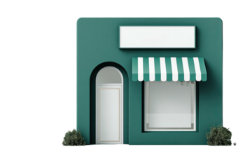 Stylized green shop facade with awning, blank sign, and rounded door