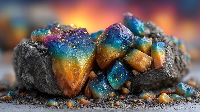 Stunning close up of vibrant rainbow colored mineral crystals emerging from dark rough stone matrix with sparkling gold flecks scattering across the surface