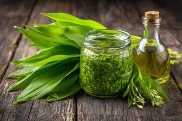 Pesto z czosnku niedźwiedziego w słoiku z liśćmi i oliwą na drewnianym stole. © Henryk Guziak