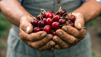 Hands hold red cherries picked from a tree in a garden during summer season in a rural area