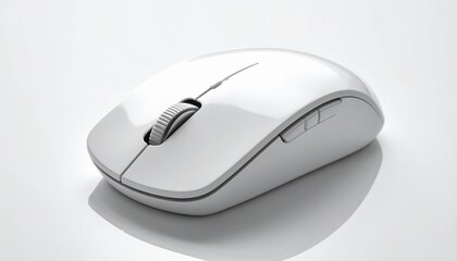 White wireless computer mouse with scroll wheel and side buttons, sleek ergonomic design on neutral surface.