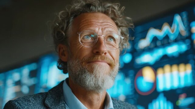 Thoughtful Analytics Expert: A wise, experienced man with glasses and a distinguished beard gazes thoughtfully toward data visualizations, suggesting a mastery of analytics.
