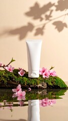 White Cream Tube with Sakura on Mossy Wood