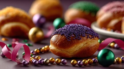 Indulgent fat tuesday feast with festive beads and pastries