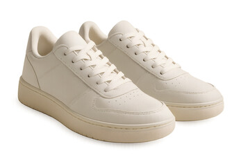 Pair of minimalist white leather sneakers isolated on transparent background, clean casual footwear PNG with alpha channel, high-quality fashion product for easy compositing.