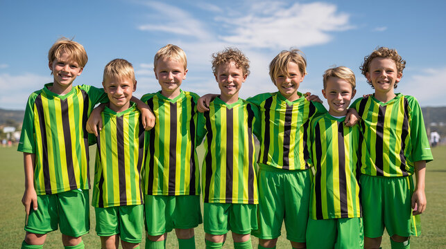 a group of diverse young boys in matching green and yellow striped soccer uniforms standing together with arms around each other, celebrating teamwork and friendship on a sunny sports field.