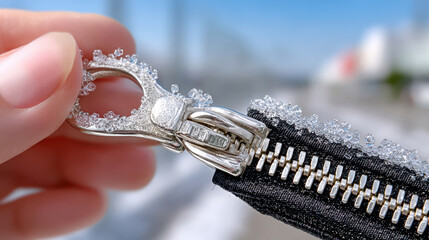 Close-up view of icy winter jacket zipper with hand pulling slider