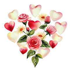 Watercolor pink heart confetti with roses and daisies on white for valentine's day