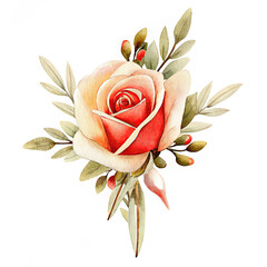 Elegant yellow rose boutonniere with green leaves isolated for wedding floral decoration