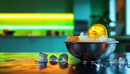 Refreshing lemon slice and ice cubes in sleek metal bowl for cold beverage presentation with copy space