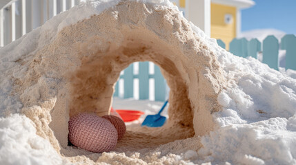 Child's play snow tunnel in backyard with colorful toys and shovel