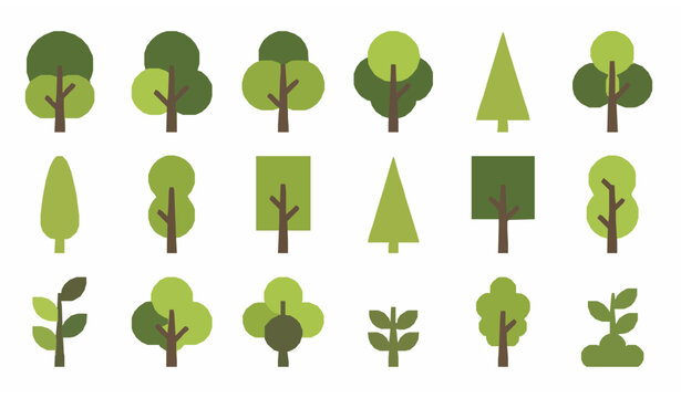 Modern tree icons vector collection with stylized botanical landscape elements